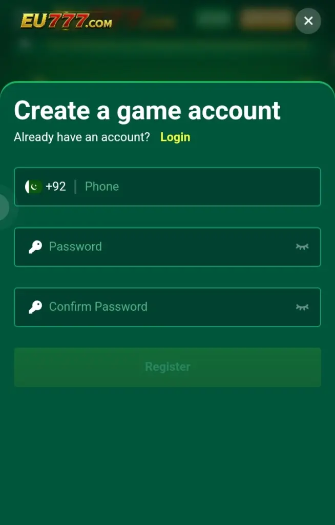EU777 Game register page