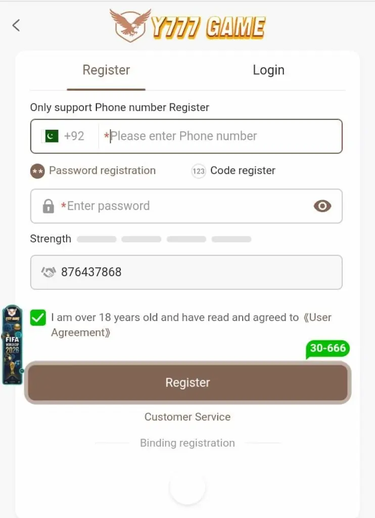 Y777 Game register
